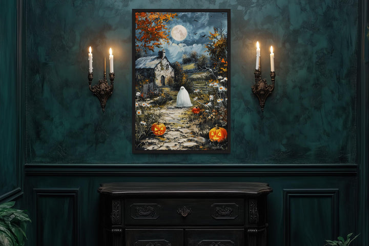 Spooky Ghost Decor with Full Moon And Pumpkin Path Halloween Canvas Wall Art