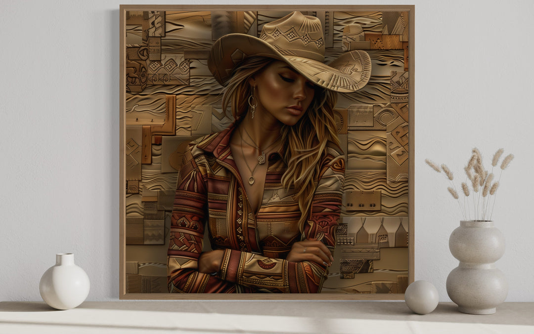 Cowgirl Portrait In Hat Framed Canvas Wall Art close up