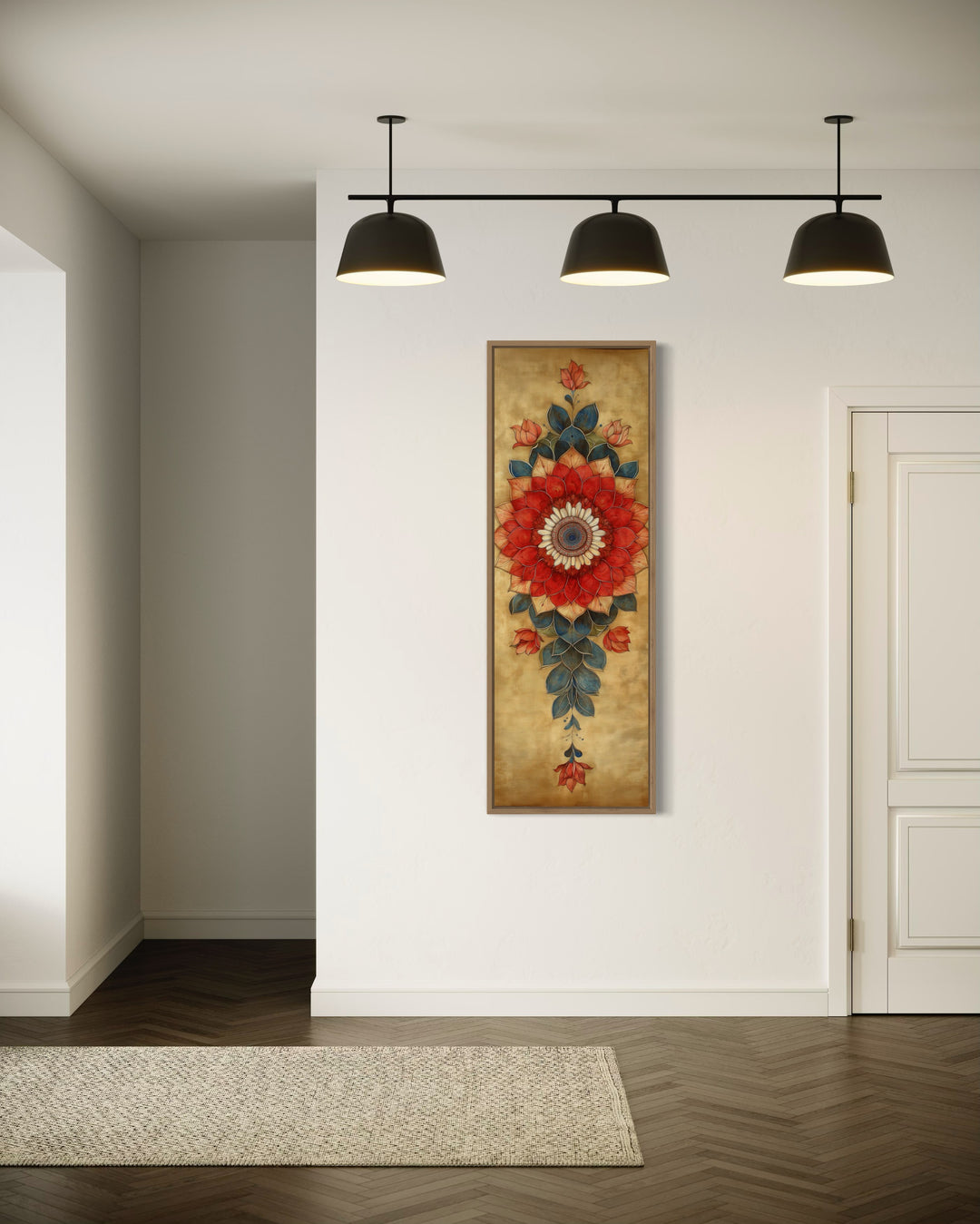 Tall Vertical Narrow Boho Floral Mandala Tapestry Framed Canvas Wall Decor in living room