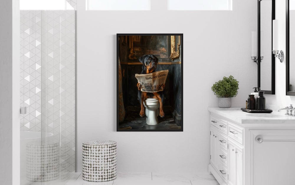 a painting of a dog sitting on a toilet