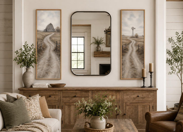Set of 2 tall narrow farmhouse wall art panels featuring a barn and windmill on winding dirt paths.