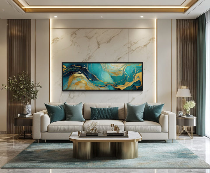 Teal Gold Mable Style Long Narrow Framed Canvas Wall Art in a teal living room filled with furniture