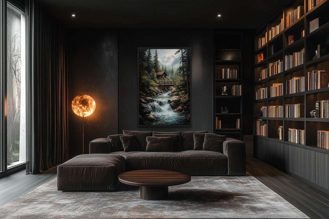 Rustic Cabin in The Woods With Waterfall Canvas Wall Art