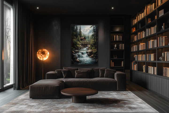 Rustic Cabin in The Woods With Waterfall Canvas Wall Art