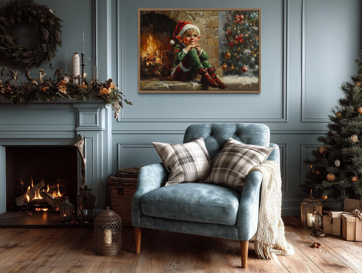 Vintage Christmas Elf by Fireplace Canvas Wall Art