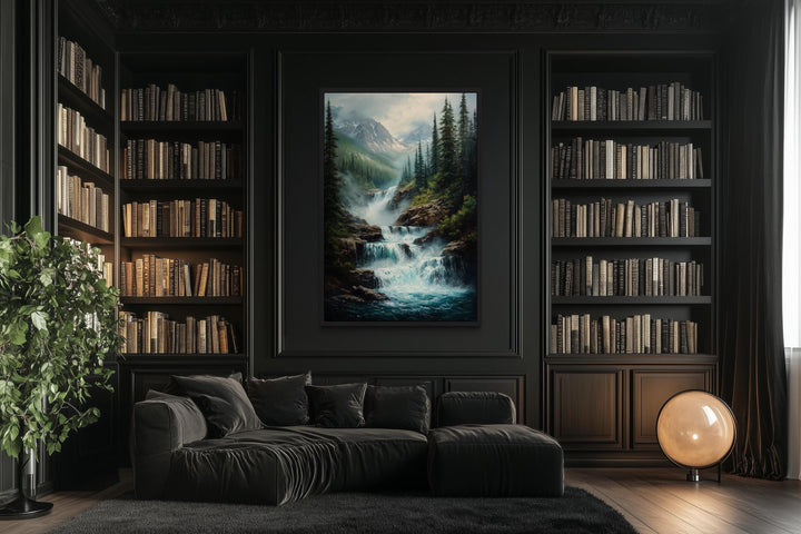 Vertical canvas wall art of a mountain waterfall in a dark, moody library with black bookshelves.