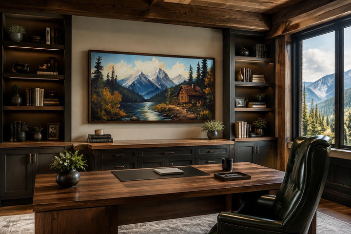 Mountain cabin on the river vintage style canvas wall art hanging in a rustic wood-paneled study.