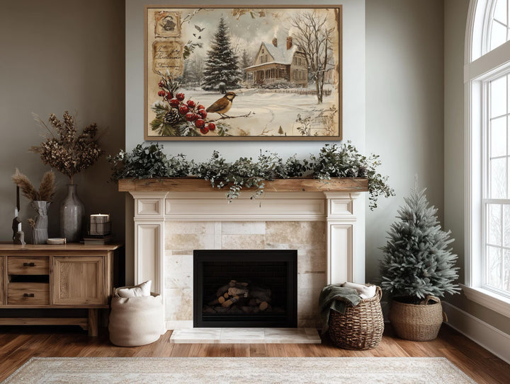 Vintage Christmas Postcard And Winter Bird and House Canvas Wall Art