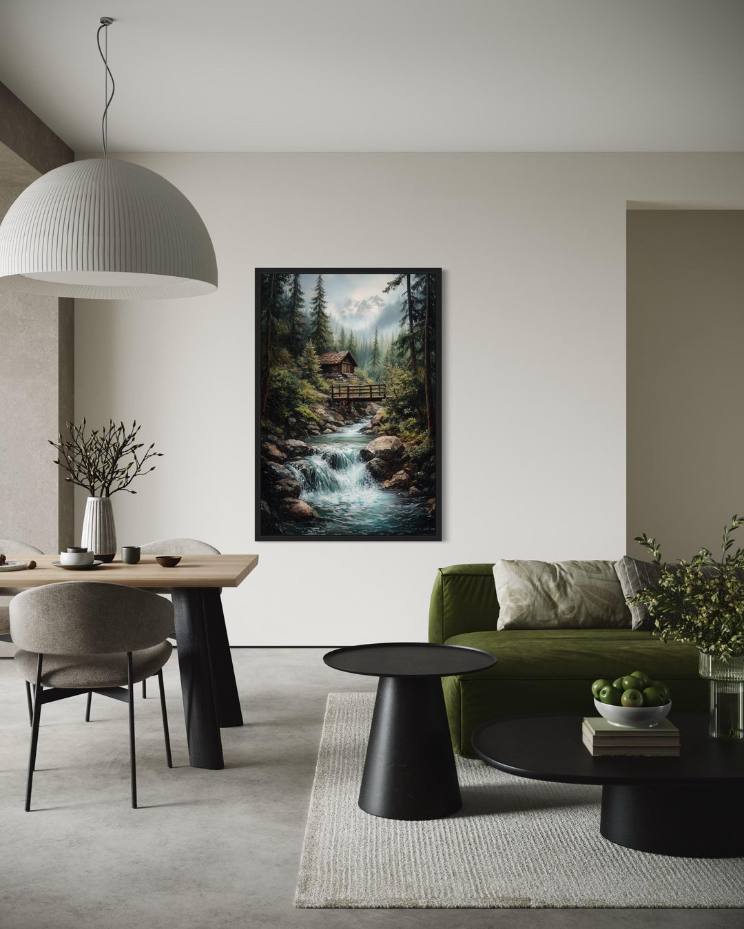 Rustic Cabin in The Woods With Waterfall Canvas Wall Art