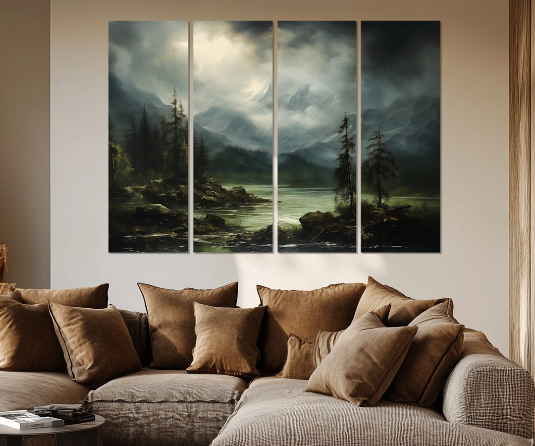 5 Piece Moody Antique Mountain River Emerald Green Landscape Multi-Panel Wall Art in a living room with a couch