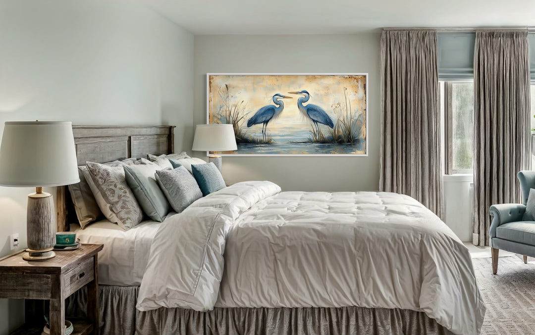 Rustic Blue Herons Horizontal Framed Canvas Wall Art