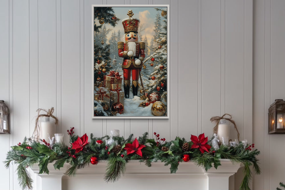 Nutcracker Under Christmas Tree Framed Canvas Wall Art above mantel