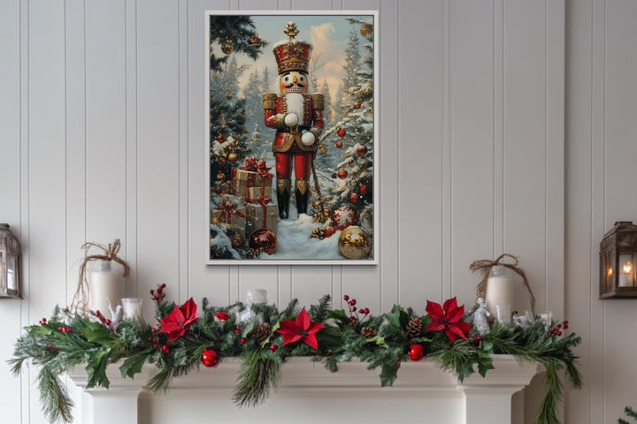 Nutcracker Under Christmas Tree Framed Canvas Wall Art above mantel