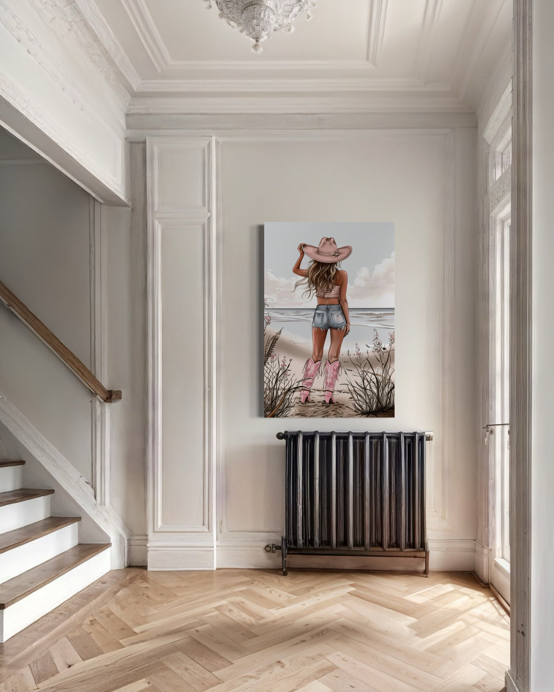 Coastal Cowgirl In Pink Boots And Hat On The Beach Framed Canvas Wall Art in hallway