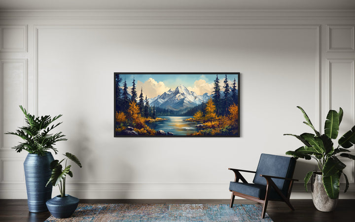 Mountain Lake Scenic Autumn Landscape Framed Canvas Wall Art on large wall