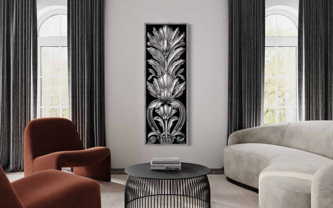 Tall Narrow Black Silver Art Deco Framed Canvas Wall Art in living room