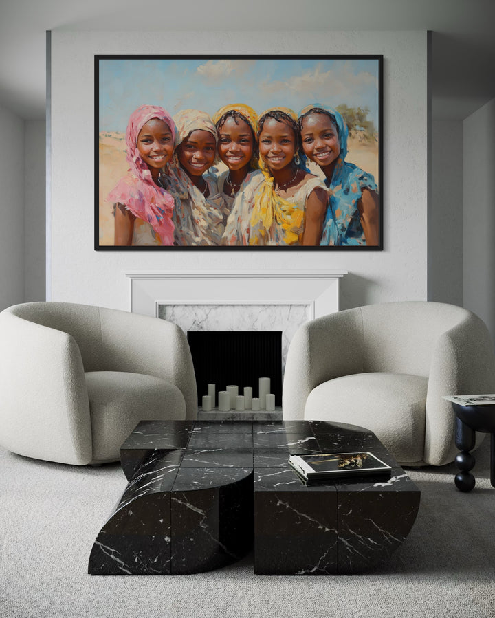 Smiling African Girls In Traditional Clothes Framed Canvas Wall Art in a living room filled with furniture