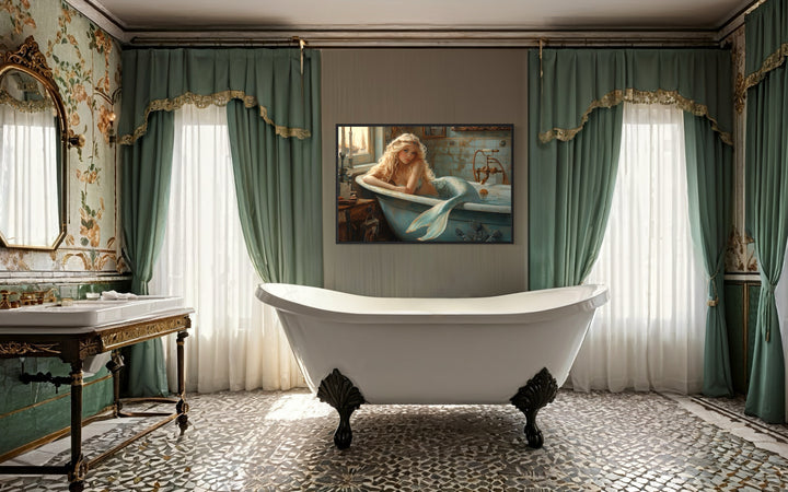 Mermaid in a Bathtub Framed Canvas Wall Art