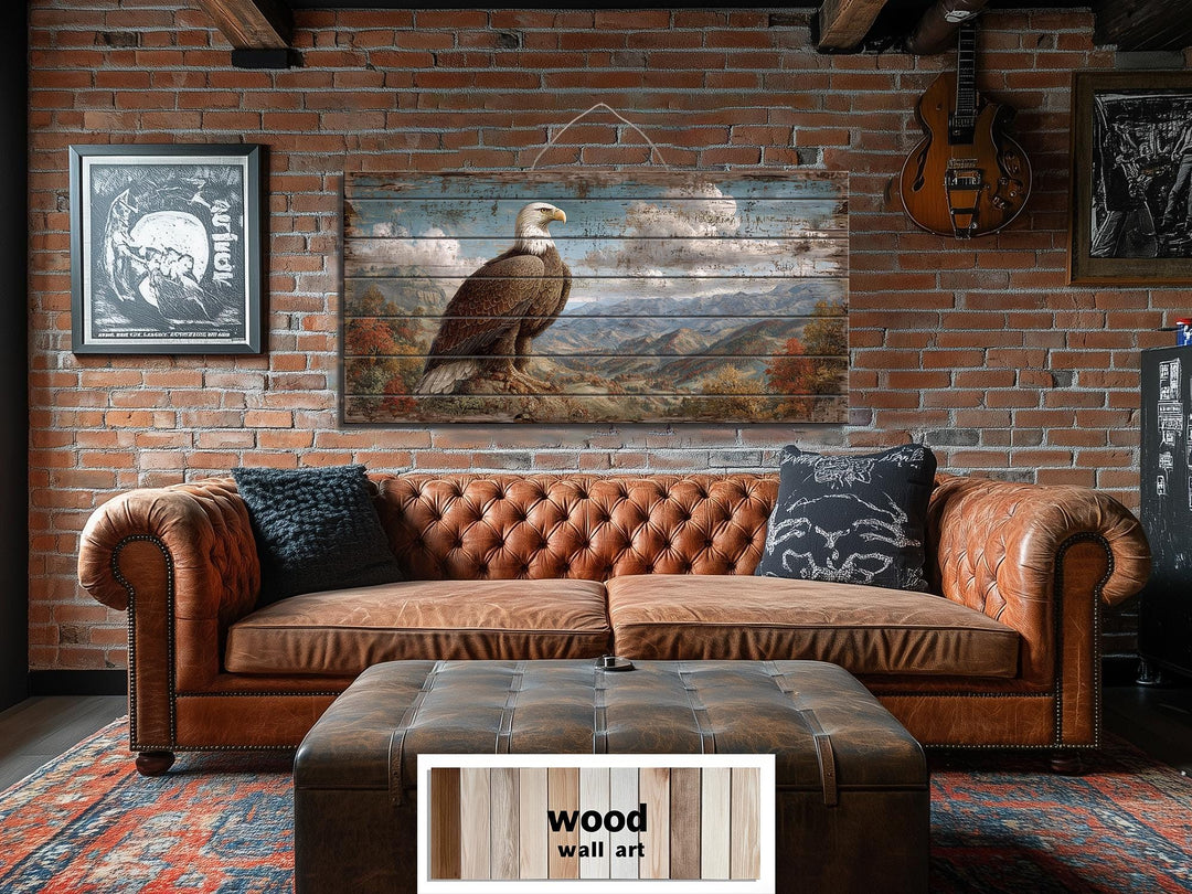 Rustic Bald Eagle Mountain Landscape Distressed Wood Wall Art
