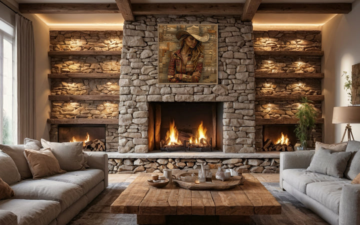 Cowgirl Portrait In Hat Framed Canvas Wall Art in a living room filled with furniture and a fire place