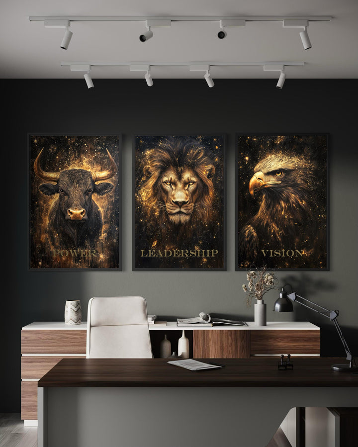 Leadership Wall Art – Motivational Lion Bull Eagle Office Canvas Set for Executive Workspace