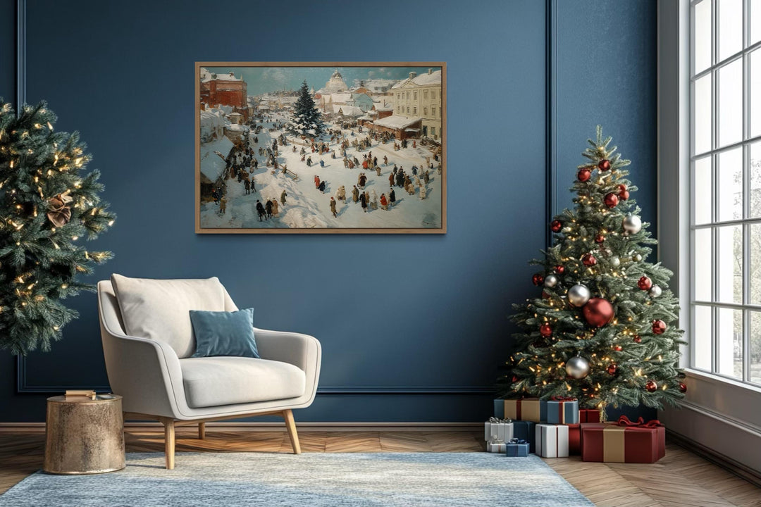 Antique Winter Village Christmas Market Scene Canvas Wall Art