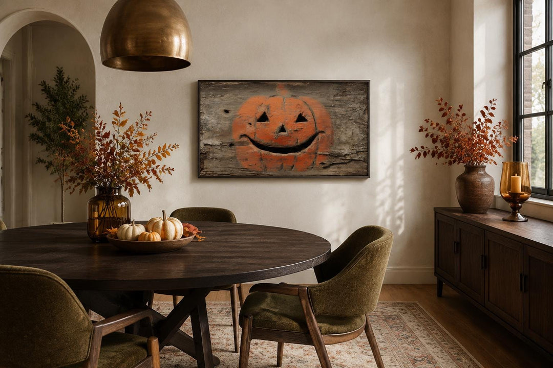 Primitive jack-o'-lantern canvas wall art on a weathered wood background in a rustic dining room.