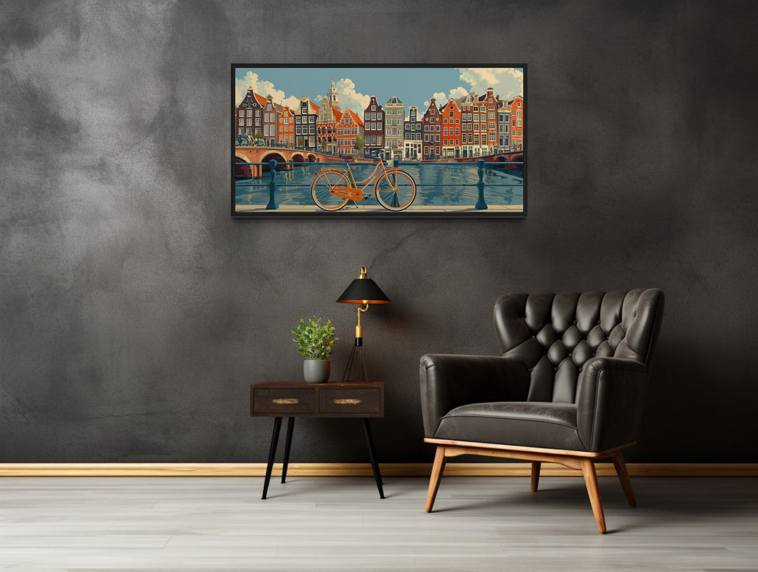 Amsterdam Canal And Bicycle Canvas Wall Art in a room with a chair