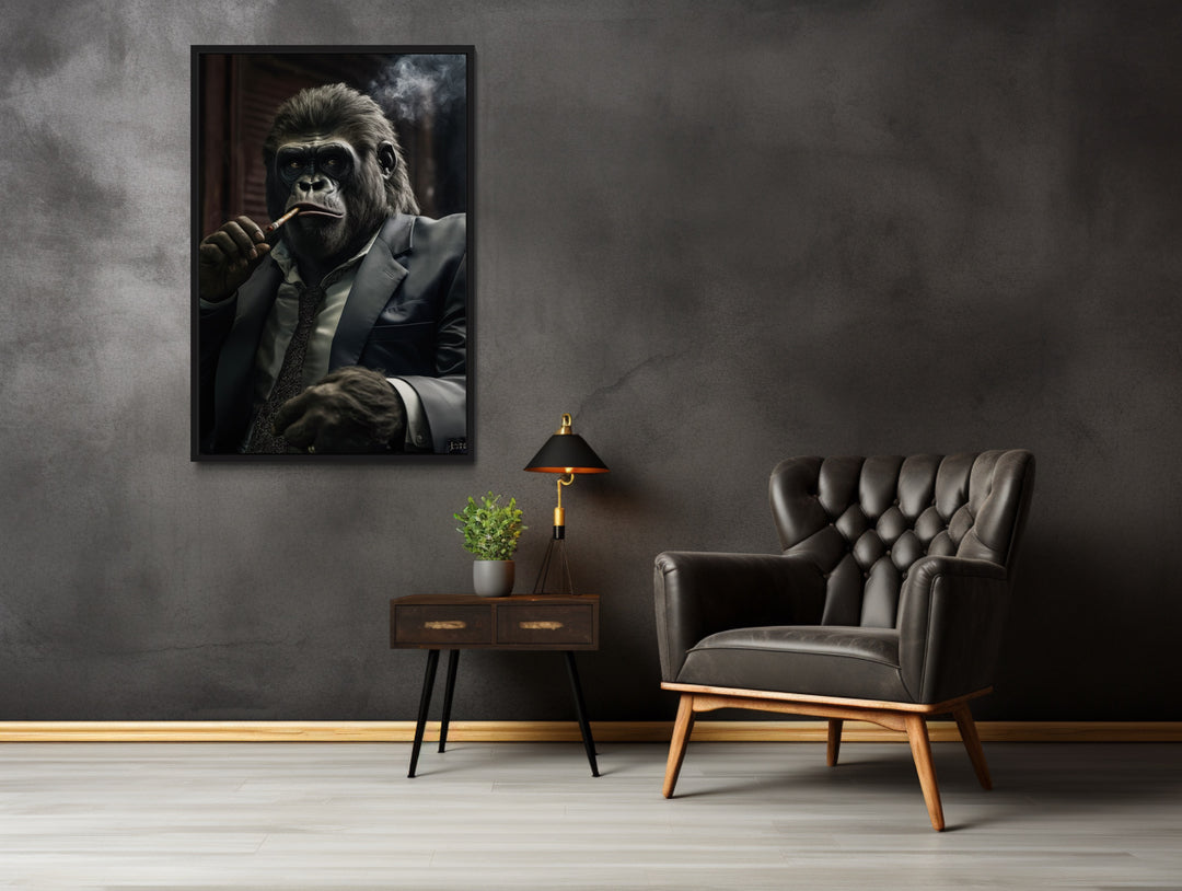 Gangster Gorilla Smoking Cigar Framed Canvas Wall Art For Men in man cave