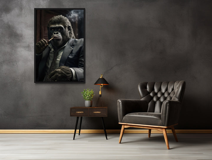 Gangster Gorilla Smoking Cigar Framed Canvas Wall Art For Men in man cave