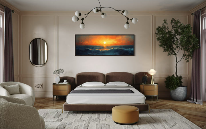 Ocean Sunset Long Horizontal Above Bed Framed Canvas Wall Art in man's bedroom