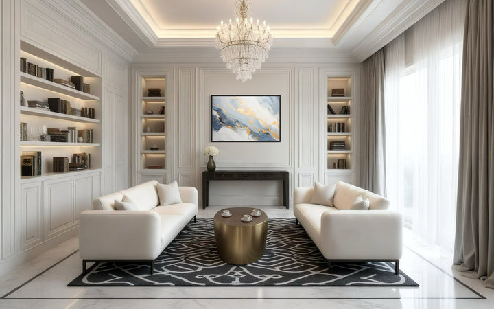 Pale Blue Grey Gold Abstract Marble Canvas Wall Art in a living room filled with furniture and a chandelier