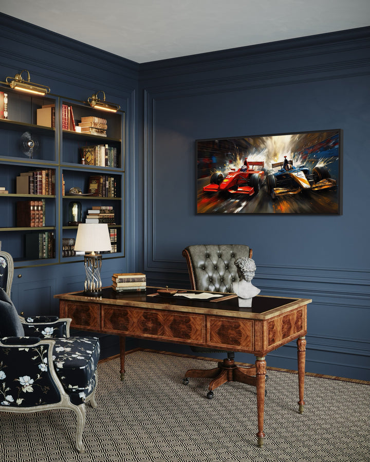 Two Race Cars On Race Track Graffiti Abstract Painting Framed Canvas Wall Art in a living room filled with furniture in a room with a desk and a chair