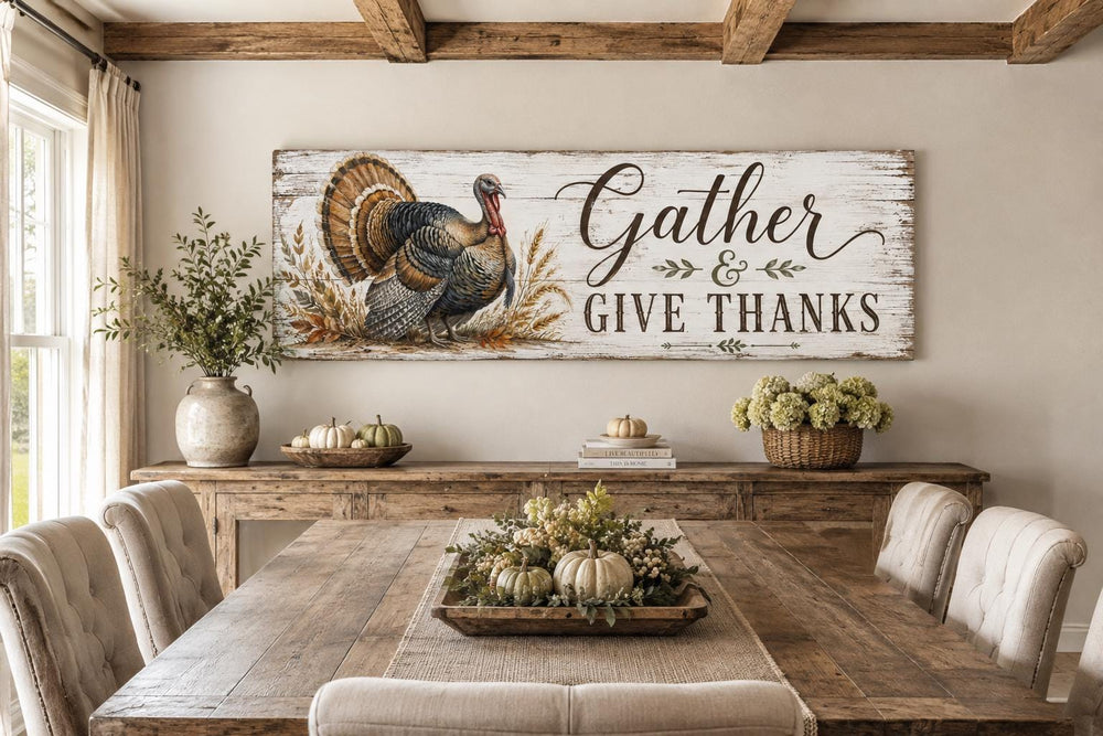 Rustic turkey wall art with 'Gather & Give Thanks' text above a farmhouse dining table.