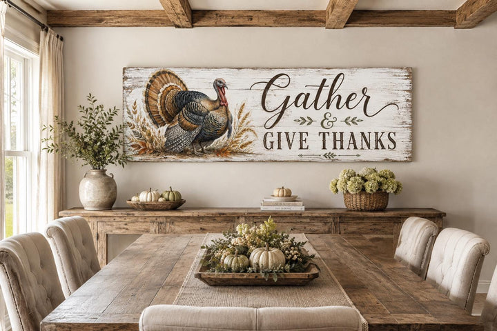 Rustic turkey wall art with 'Gather & Give Thanks' text above a farmhouse dining table.