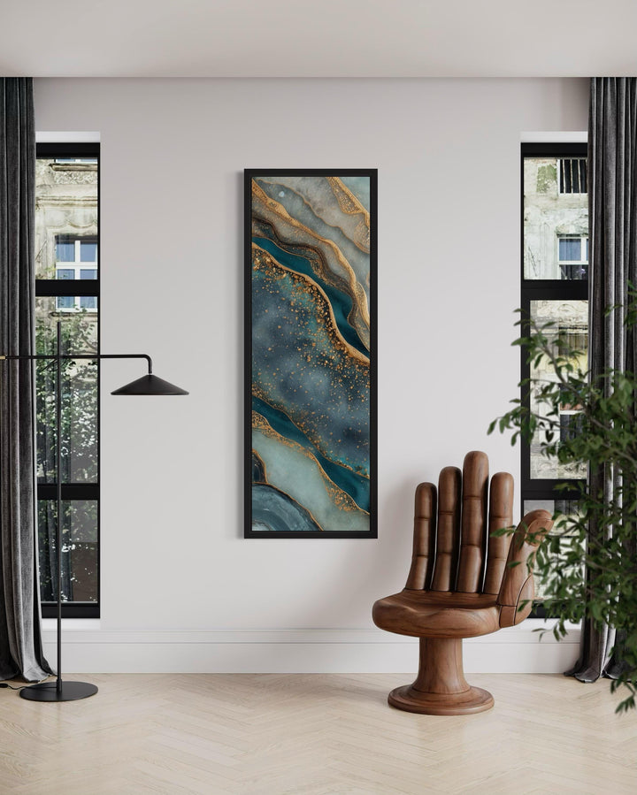 Tall Narrow Vertical Marble Inspired Abstract Teal Blue Gold Canvas Print