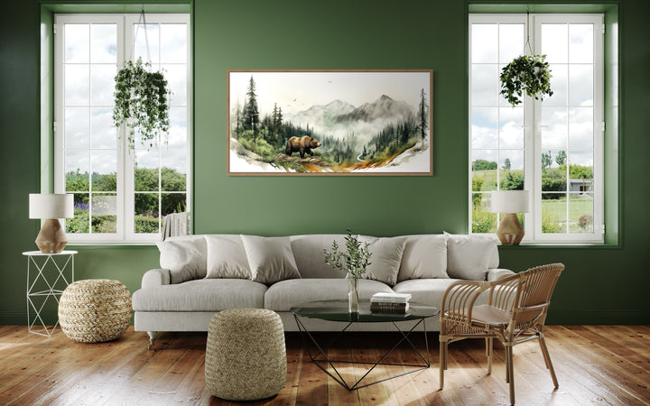 Bear In The Mountain Forest Watercolor Landscape Framed Canvas Wall Art in green room