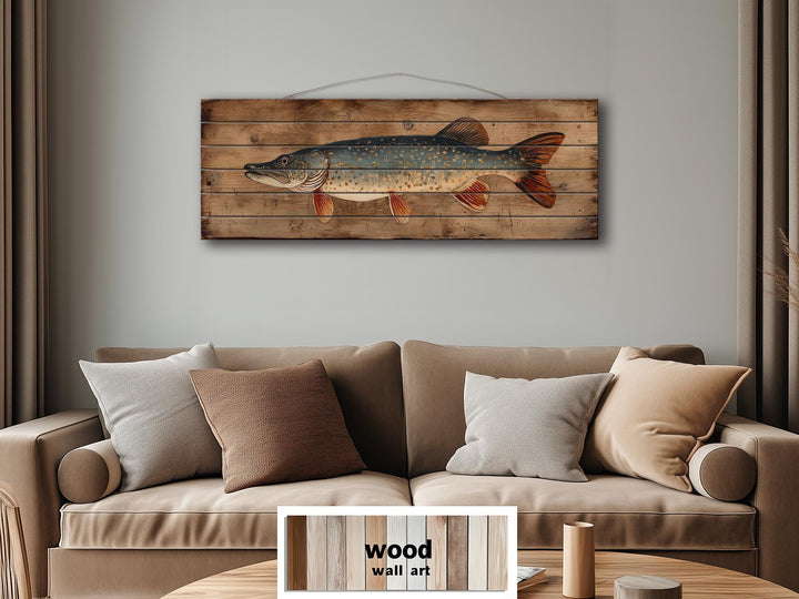 Northern Pike Distressed Wood Wall Art, Rustic Fishing Cabin Print On Wood Planks, Long Horizontal Lakehouse Angler Wall Decor