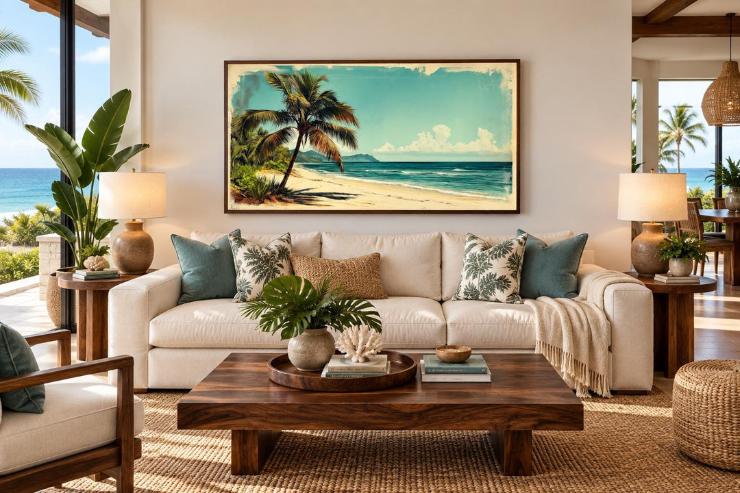 Vintage Style  Tropical Beach With Palm Tree Canvas Wall Art