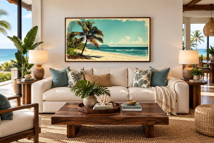 Vintage Style  Tropical Beach With Palm Tree Canvas Wall Art