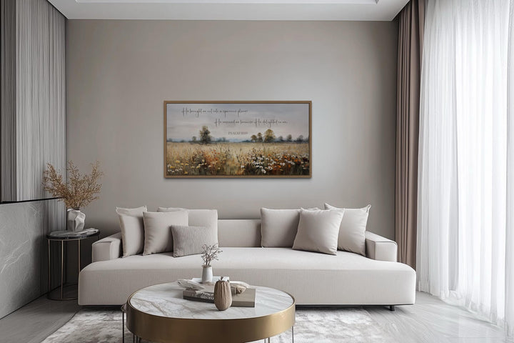 Psalm 18:19 Wall Art, He Brought Me Out Into a Spacious Place Scripture On Wildflowers Field Framed Canvas Wall Art