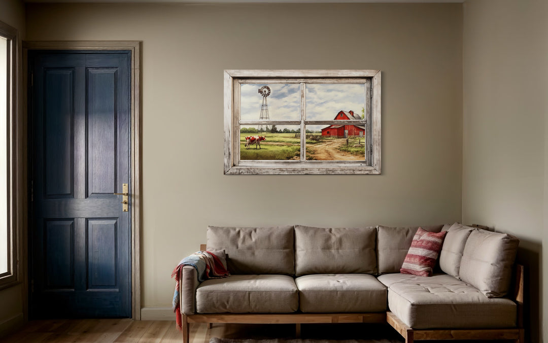 Farm With Red Barn And Cow Open Window Wall Art in farm living room