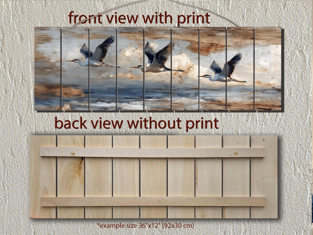 Flying Herons Distressed Wall Art on Wood Planks - Rustic Coastal Bird Decor for Beach Houses
