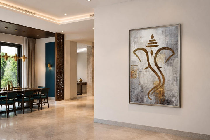 Minimalist gold Ganesha outline on a textured white and silver canvas wall art in a modern hallway.