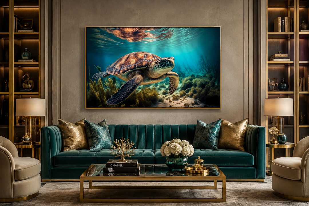 Sea turtle swimming over a coral reef canvas wall art above a teal velvet sofa in a living room.