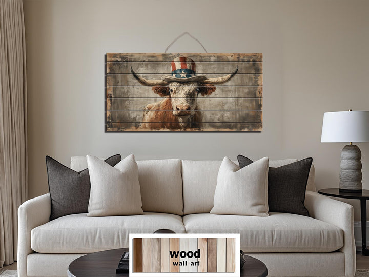 Longhorn Bull Wall Art - Rustic Wood Decor With Uncle Sam Hat | Patriotic Farmhouse