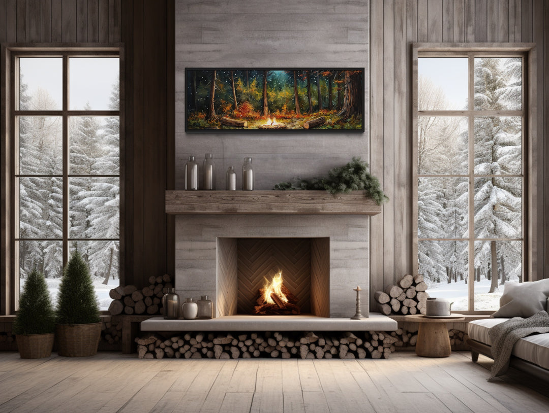 Forest Campfire Cozy Cabin Above Fireplace Mantel Wall Art above mantel