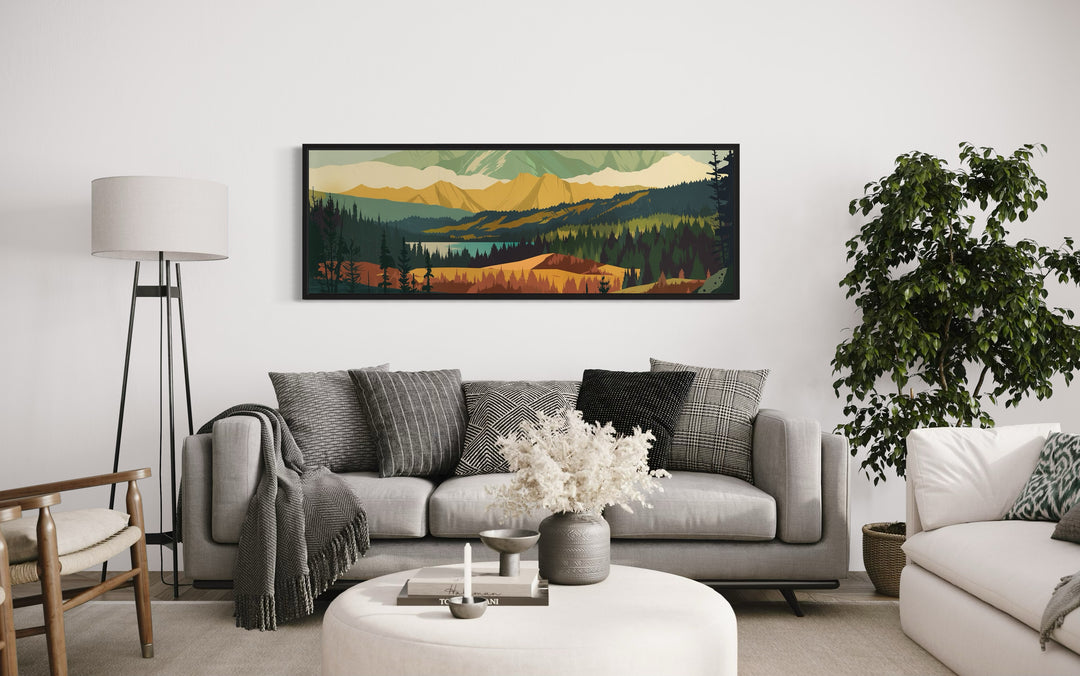 Mid Century Modern Green Landscape Mountain Lake Long Narrow Wall Art above grey couch