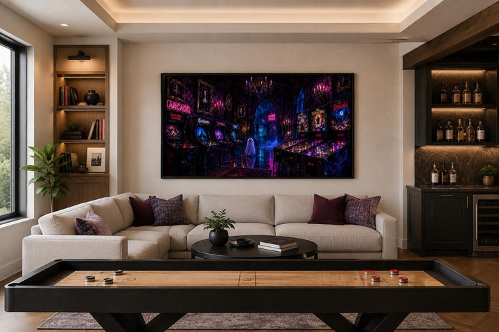 Spooky Halloween arcade wall art with a ghost and neon purple pinball machines in a game room.