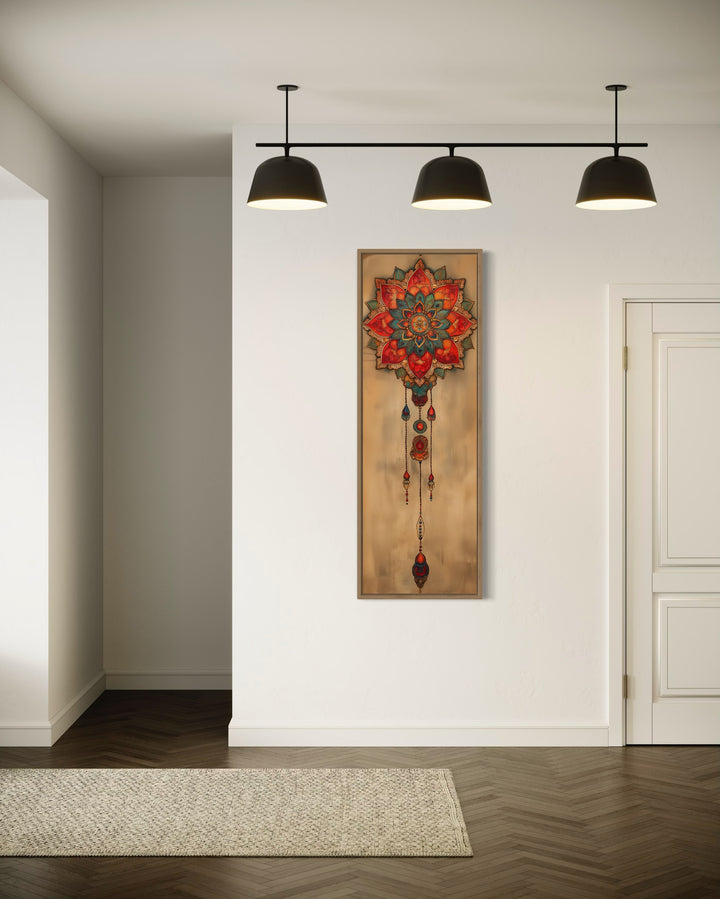 Long Vertical Boho Dreamcatcher Mandala Framed Canvas Wall Decor hanging on a wall in a room